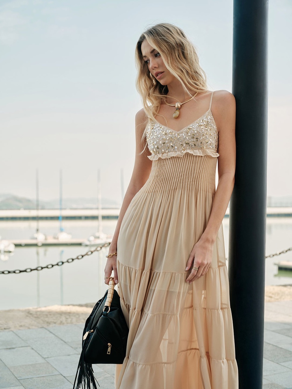 Commense Semi-Sheer Embroidered Bustier Tiered Dress